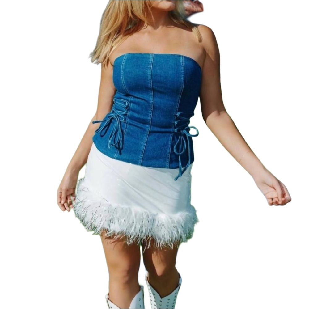 Pretty Garbage Blue Denim Zip Bustier Top Size Small